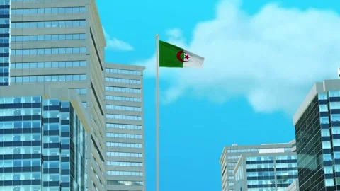Algeria Flag 3D Render Animation with Urban Architecture and Clear Blue Sky Video stock 333118848