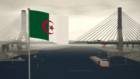 Algeria Flag Flying Over Cable Stayed Bridge River seamless loop Stock Footage 345808835