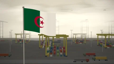Algeria Flag Flying Over Container Terminal Stacking Yard seamless loop Видео 345855123