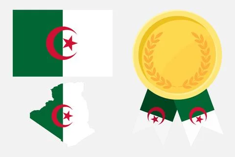 Algeria flag with map and gold medal in set for web and banners or app and .. Stock Illustration