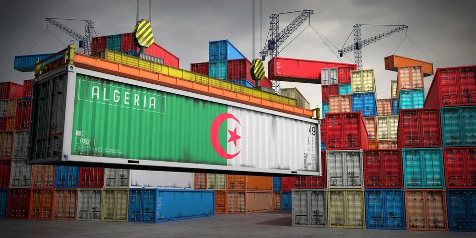 Algeria - freight container in cargo terminal - 3D illustration Stock Illustration