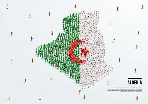 Algeria Map and Flag. A large group of people in Algerian flag color. Stock Illustration