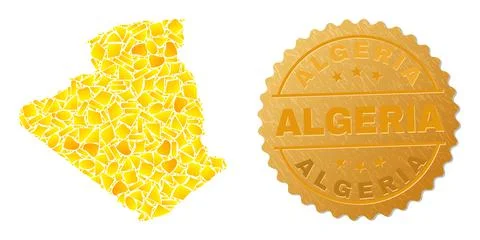 Algeria Map Collage of Golden Elements and Metallic Algeria Seal Stock Illustration