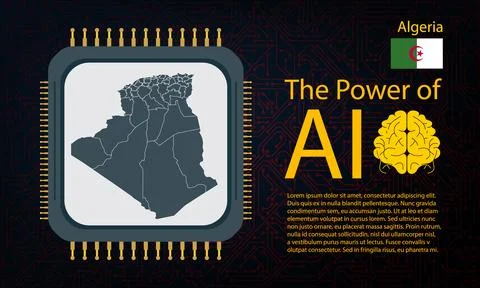 Algeria map with microchip war and AI concept on circuit board, Power of AI.. イラスト素材