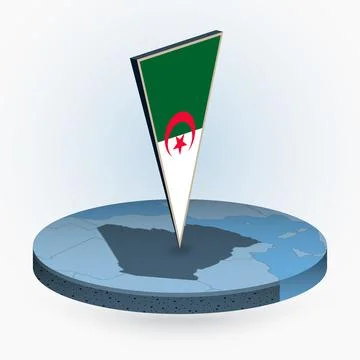 Algeria map in round isometric style with triangular 3D flag of Algeria Stock Illustration