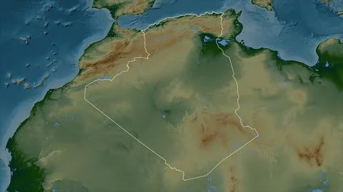 Algeria outlined on a Colored elevation map with lakes and rivers Illustrazione stock