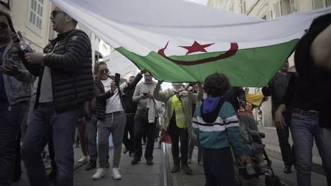 Algerian child under a flag, protest against president Bouteflika in Marseille Stock Footage 104774947