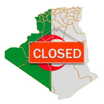 Algiers map with closed hanging sign, quarantine concept. 3D rendering Illustrazione stock