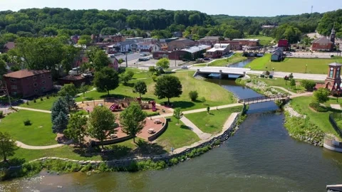 Algonquin, Illinois - Aerial view of Cornish Park along the Fox River Stock Footage 323873389