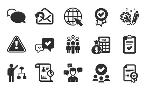 Algorithm, Approved award and Checklist icons set. Approved group, Approve and Illustrazione stock