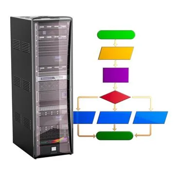 Algorithm with Computer Server Rack. concept. 3D rendering Stock Illustration