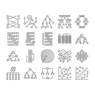 Algorithm data technology ai icons set vector 库存插图