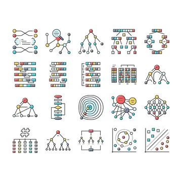 Algorithm data technology ai icons set vector Stockillustratie