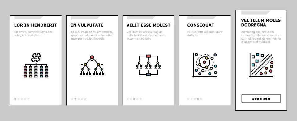 Algorithm data technology ai onboarding icons set vector Stock Illustration