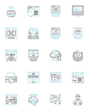 Algorithm Design linear icons set. Optimization, Computation, Complexity Stock Illustration