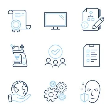 Algorithm, Face protection and Checklist icons set. Microscope, Monitor and Illustrazione stock