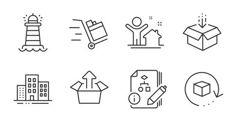 Algorithm, Lighthouse and Return package icons set. Push cart, Get box and Send Stock Illustration