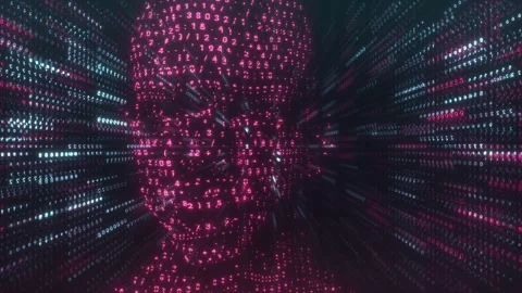 Algorithm Man Loop – Futuristic AI Head Made of Numeric Data Streams Video stock 320655433