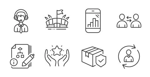 Algorithm, Shipping support and Person info icons set. Parcel insurance 스톡 일러스트