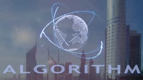 Algorithm text with 3d hologram of the planet Earth against the backdrop of the Stock Footage 98732441