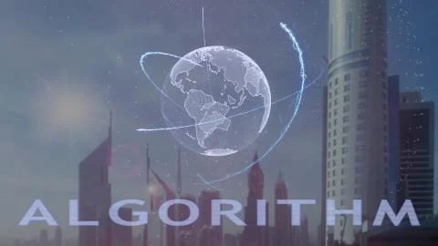 Algorithm text with 3d hologram of the planet Earth against the backdrop of the 写真素材