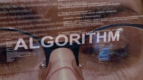 Algorithm text on background of female developer Stock Footage 106665025