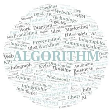 Algorithm typography word cloud create with the text only. Stock Illustration