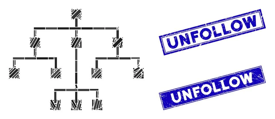 Algorithmic Tree Mosaic and Grunge Rectangle Unfollow Stamp Seals Illustrazione stock