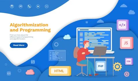 Algorithmization and programming landing page template, coding, programmer at Stockillustratie