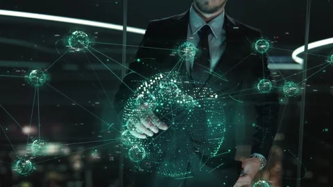 Algorithms- businessman working with virtual reality at office. Stock Footage 255116000