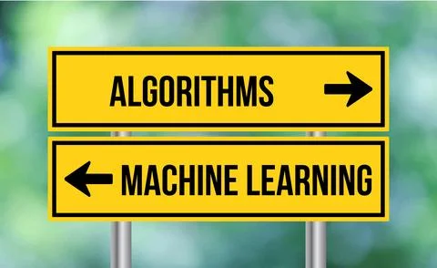 Algorithms or machine learning road sign on blur background Foto stock