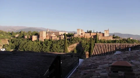 Alhambra during the day, red roofs in foreground Stock Footage 78037761