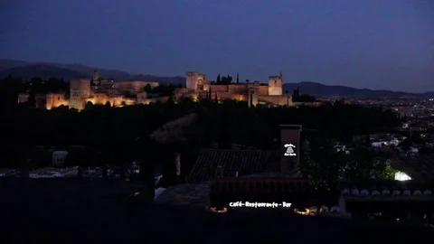 Alhambra during the night, roofs in foreground Stock Footage 78037719