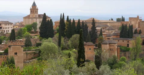 Alhambra, Granada, Spain. Camera pan from Alcazaba to Torre del Cadi. Stock Footage 302515127