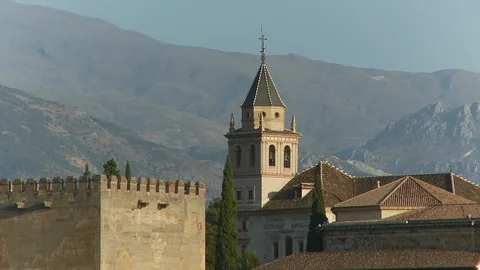 Alhambra Palace, Granada :  pan up close shot of the Royal Palace complex Stock Footage 87525307