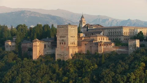 Alhambra Palace, Granada :  static long shot of the Royal Palace complex Stock Footage 87521653