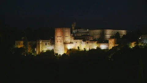 Alhambra Palace, Granada :  static night shot of the Royal Palace complex Stock Footage 87518461
