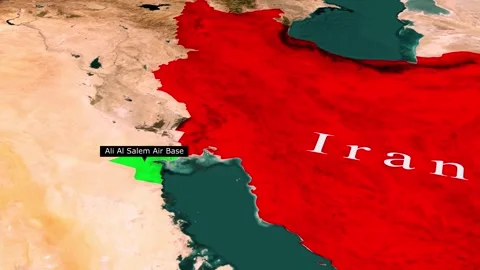 Ali Al Salem Air Base Location Map Relative to Iran, 3D Military Map Animatio Stock Footage 344326624