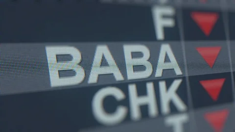 ALIBABA GROUP HOLDING ADR BABA stock ticker with decreasing arrow. Editorial Stock Footage 119529261