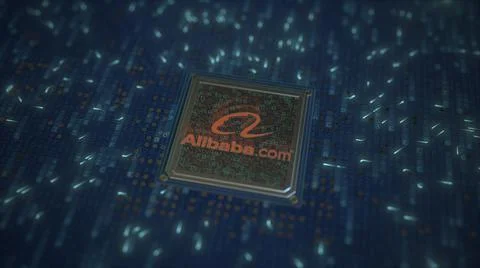 ALIBABA logo on the chip on computer board. Conceptual editorial 3d rendering Stock Illustration