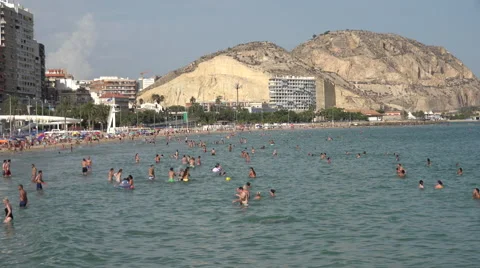 Alicante beachfront and mountains in the background Stock Footage 44312686