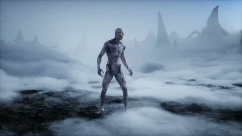 Alien on alien planet. Mars surface. UFO concept. Realistic 4k animation. Stock Footage 160973194