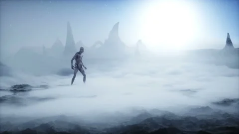 Alien on alien planet. Mars surface. UFO concept. Realistic 4k animation. Stock Footage 160973659