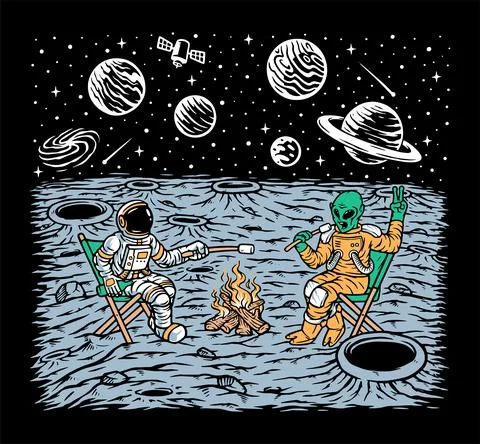 Alien and astronaut burning marshmallows illustration Stock Illustration