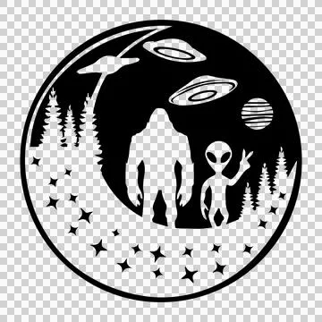 Alien And Bigfoot Circular Mythical creatures Stand Stock Illustration