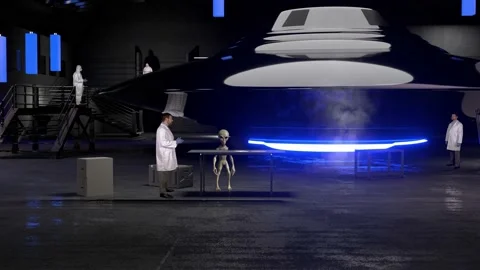 Alien and Humans working at secret base Flying Saucer UFO in Hangar Stock Footage 162196988