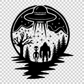 Alien And Monster Under Ufo Silhouette hovering trees stars Stock Illustration