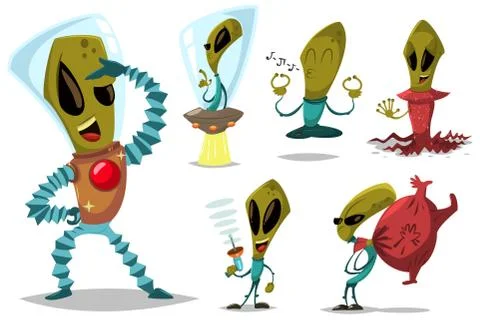 Alien and UFO vector cartoon set. Stock Illustration