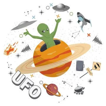 An alien appears from a planet with rings a round flat illustration of a ch.. Stock Illustration