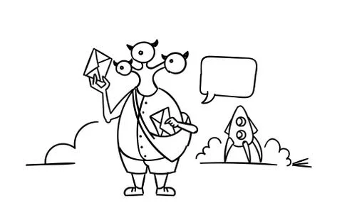 Alien arrived on rocket and brought letter postman hand drawn style by line Stock Illustration